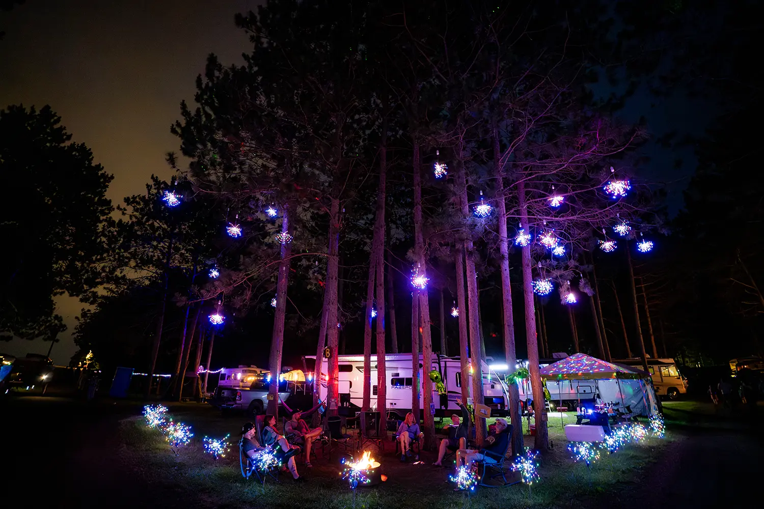 art installation at night at The Pines Eau Claire WI